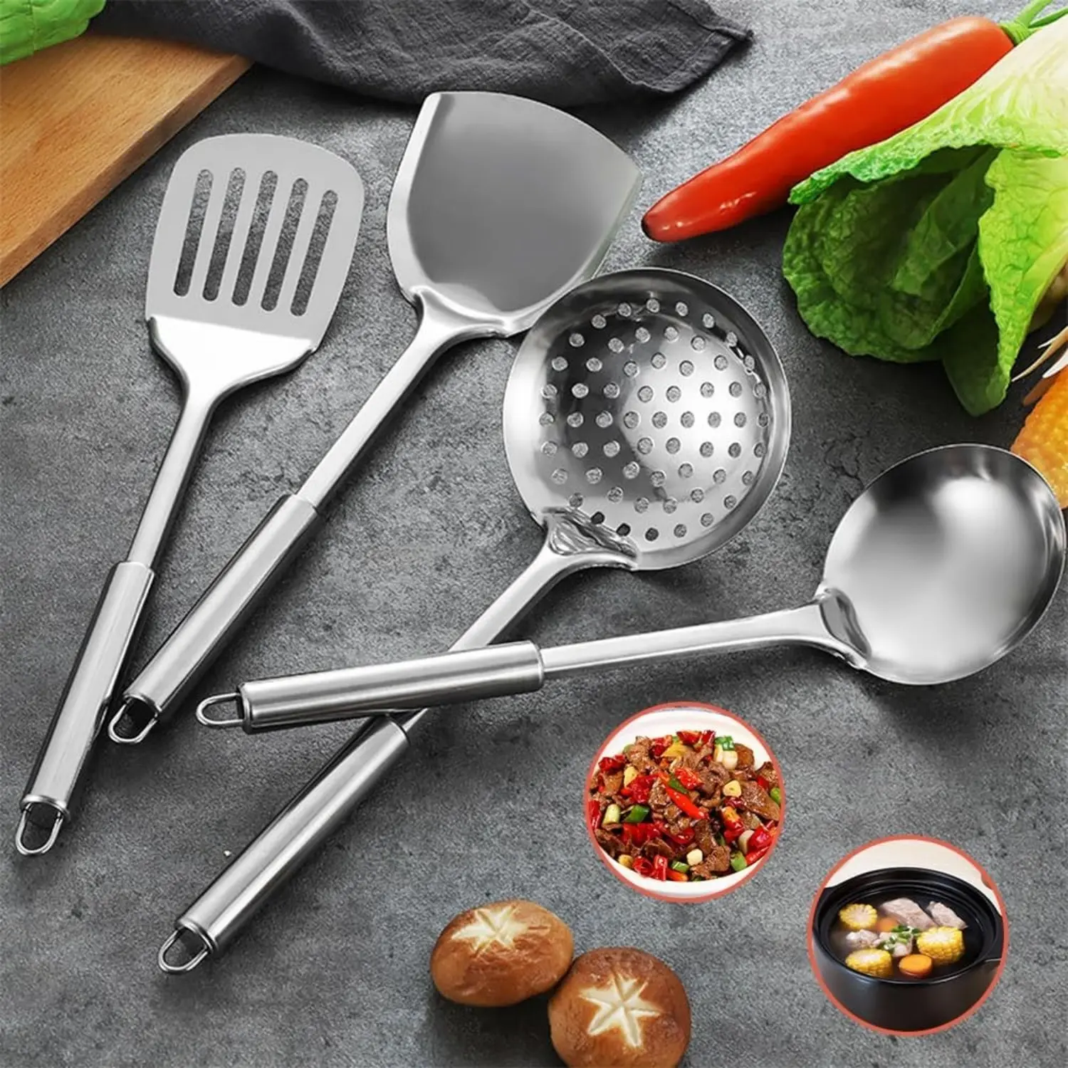 Stainless Steel Kitchen Cooking Set, 4-6 Piece Tool Kit, Includes Spatula, Fry Spoon, Soup Ladle, Strainer, Durable and Versatile