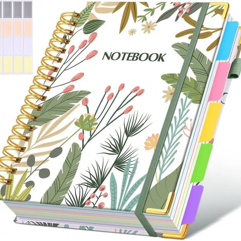 Hardcover Spiral Notebook with Detachable Partition 20.32cm x 25.40cm, Leather 5-Subject Notebook, College Horizontal Grid with Label, 300 Page Large B5 Notebook, Suitable for Taking Notes at Work and School, Women's Inner Diary, Pink