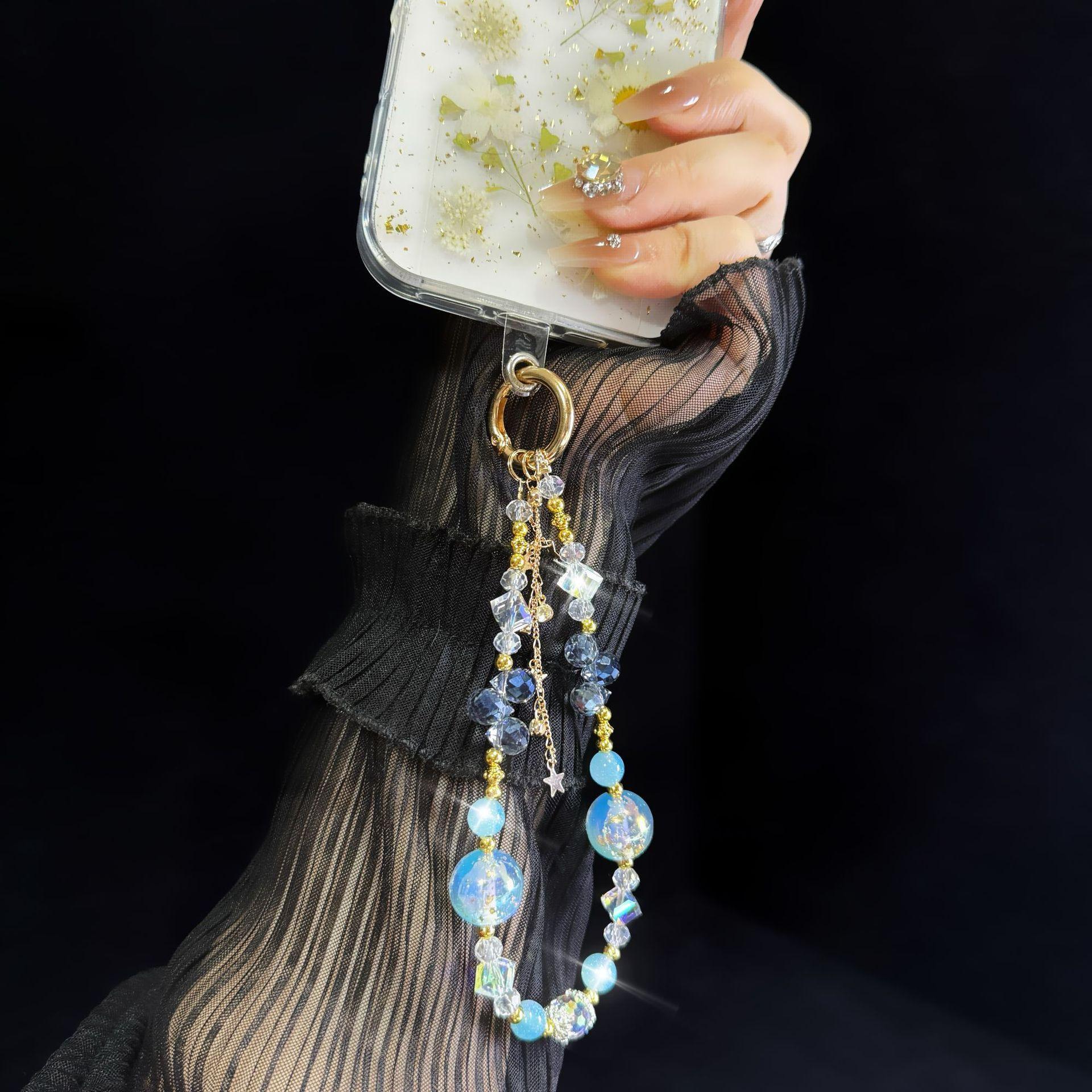 For Light Luxury Crystal Mobile Phone Chain Beaded Short Wrist Chain Fashion Butterfly Pendant Gold Leaf Hand-Made Lanyard