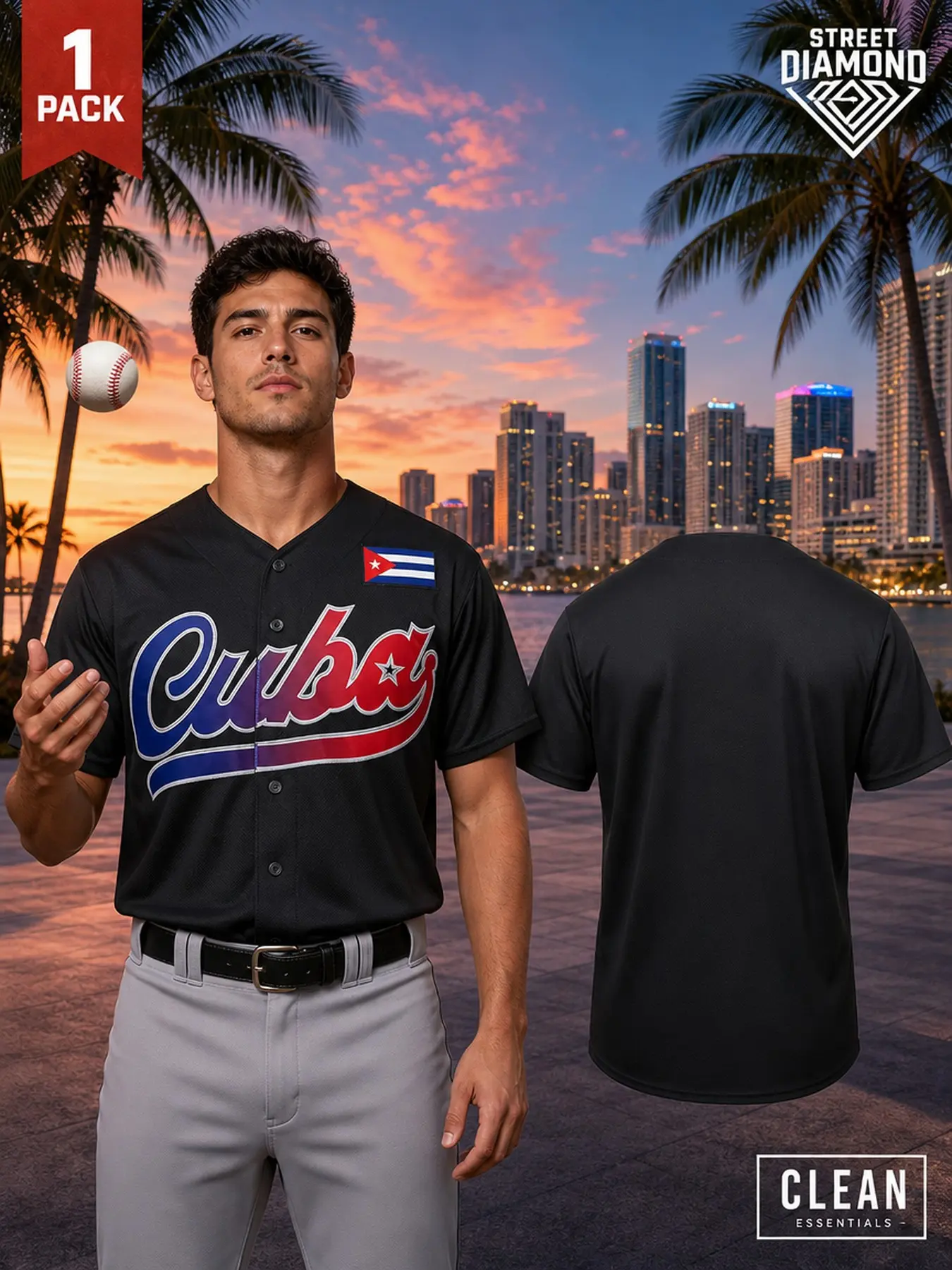 Men's Cuba Baseball Jersey, Loose Fit Breathable Sportswear, Embroidered Letters Baseball Shirt, All-Season Outdoor Sports Shirt