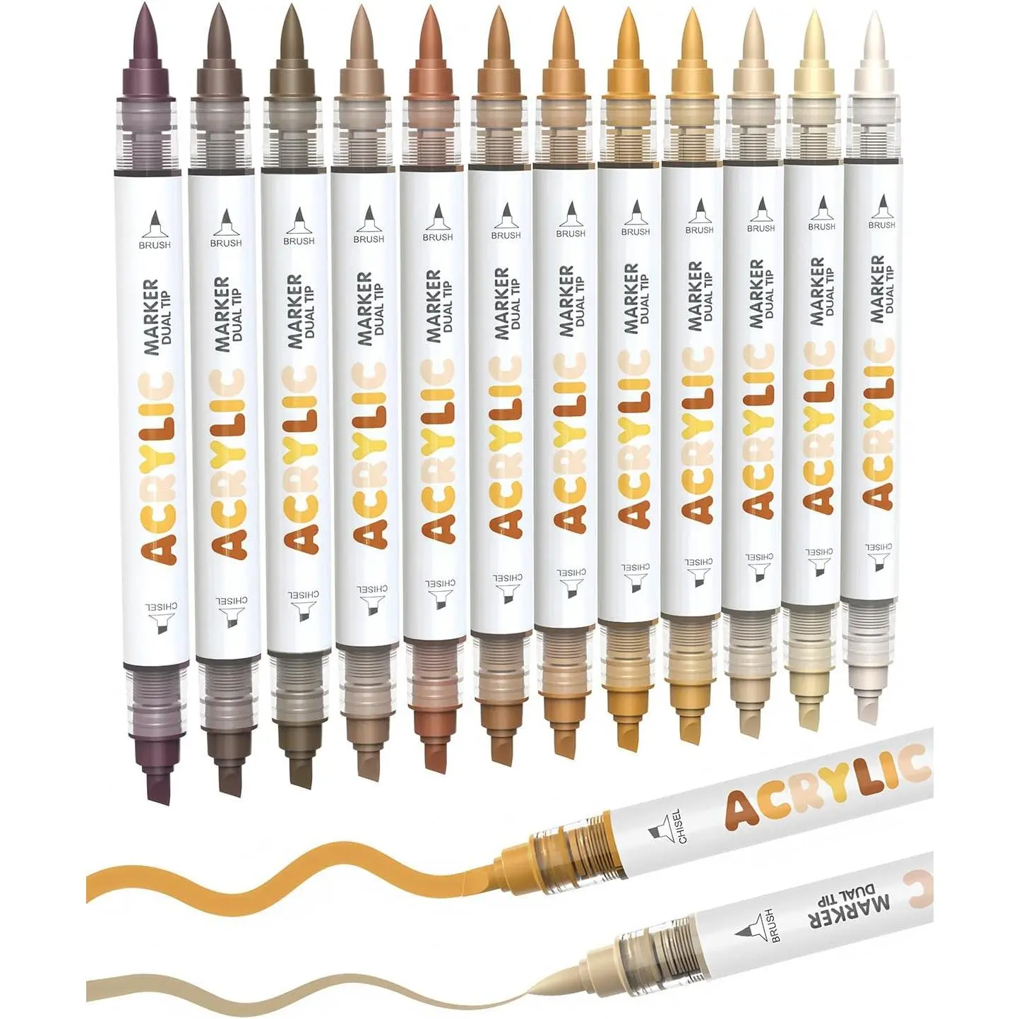 12 Brown  Tip   Markers, Brush Tip & Chisel Tip   Pens for Pumpkin , Rock, , Glass, Paper, Coloring Book, Ceramic, Canvas, Water-Based Ink