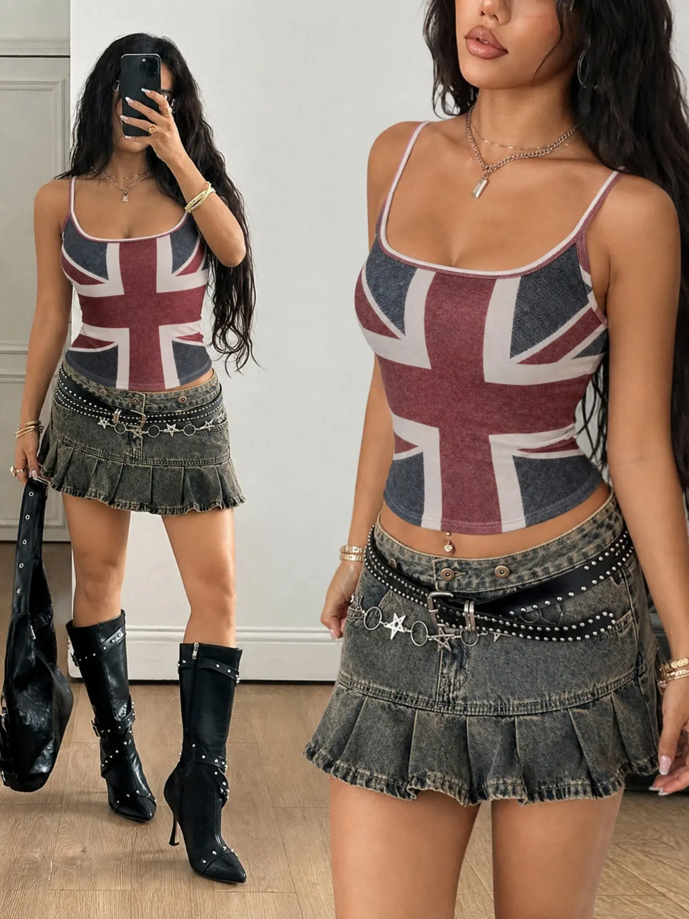 Women's UK Union Jack Flag Spaghetti Strap Crop Cami Top, High Stretch Slim Fit Knit Vintage Sleeveless Tank, Y2K Streetwear Single Wear Basic Blouse