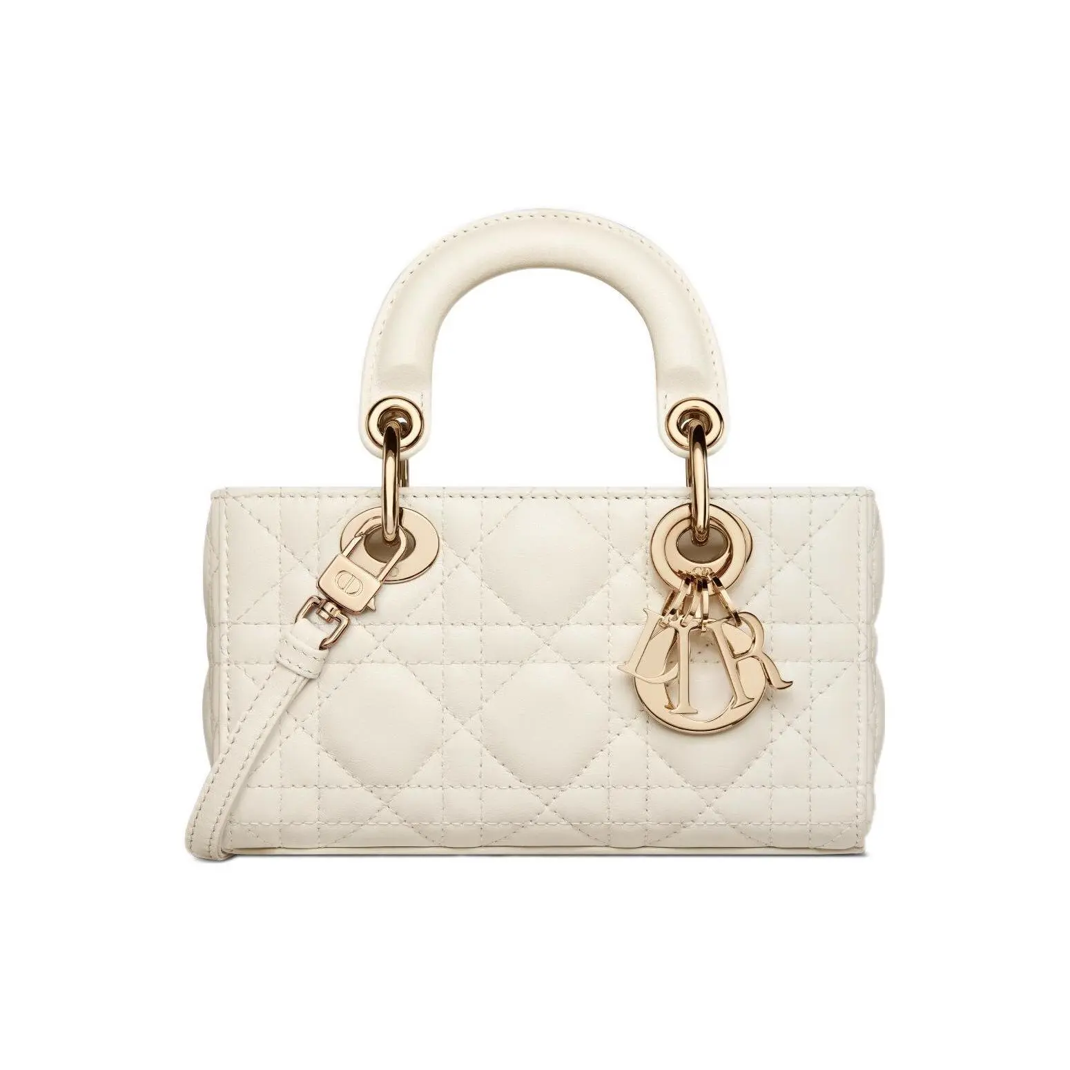 Dior Lady D-Joy Mini Crossbody Bag for Women, Lambskin, Chevron-Embossed, Light Gold Logo Pendant, White