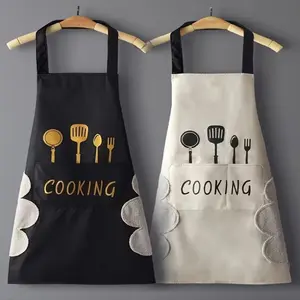 Casual Waterproof Black and White PVC Apron with Pocket, Cooking Utensil Design, Korean Style Hand-Wiping Function, Multifunctional for Home Use, Writing Apron