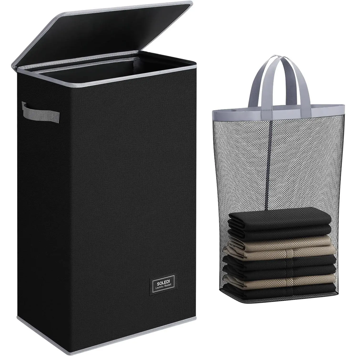 Slim Laundry Hamper with Lid, Narrow Laundry Basket with Removable Bags, Dirty Clothes Hamper with handle, Small Hamper perfect for Laundry room, Bathroom, Bedroom, Small spaces. 70L Black