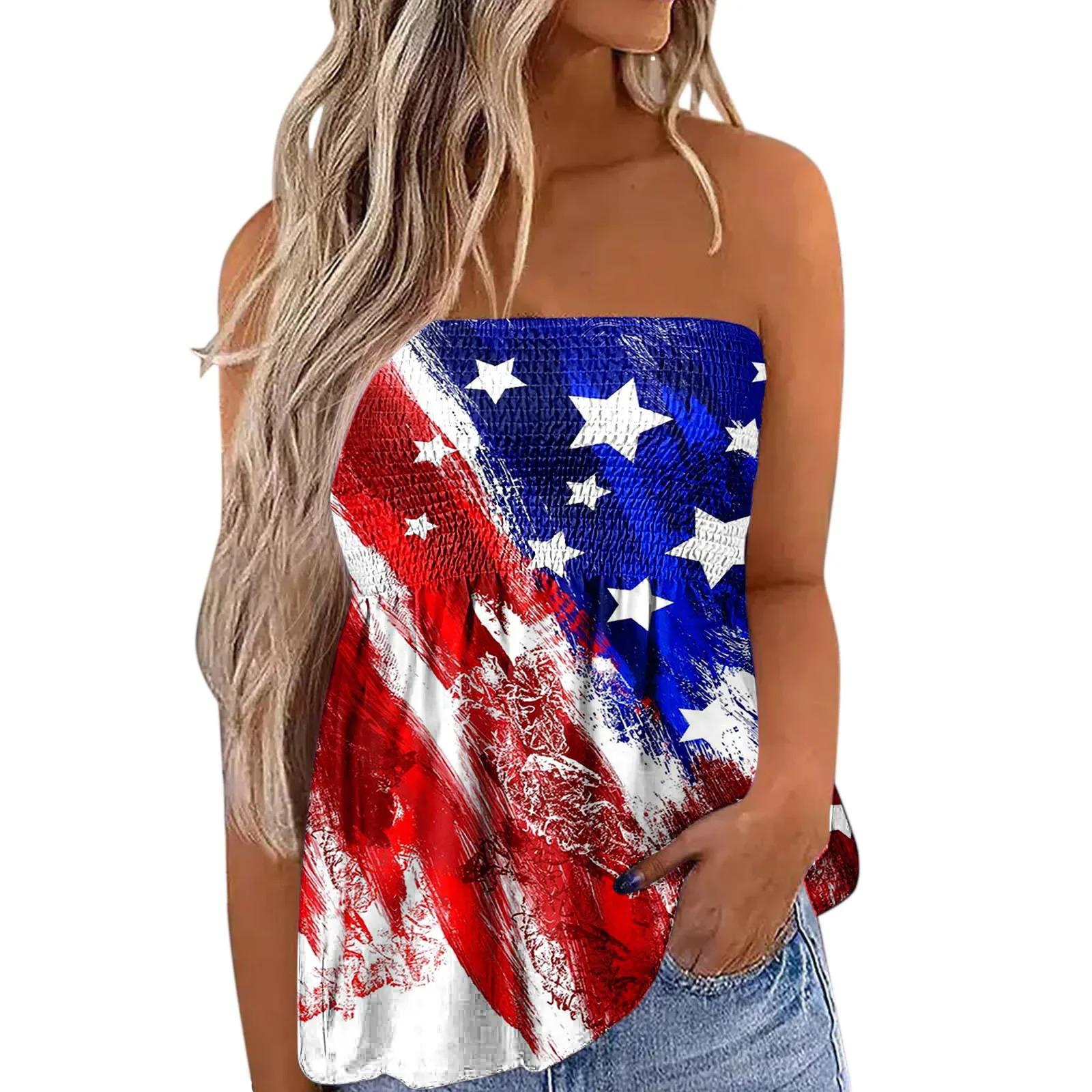 2025 New Women's Fashion Clothing Independence Day Printed Tube Top T-shirt for Women Flowy Strapless Tube Top Blouse