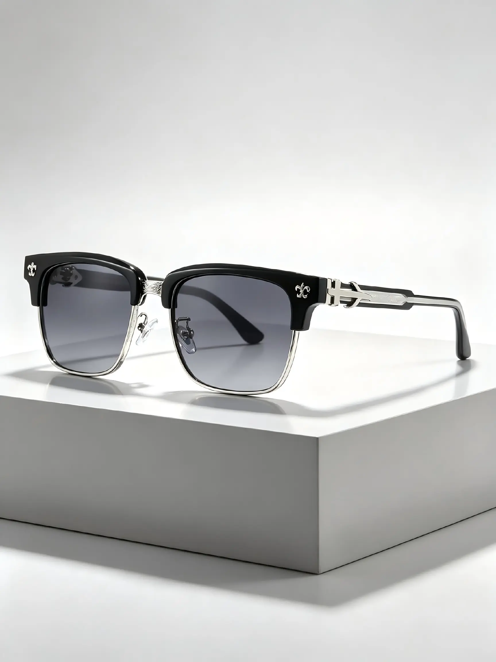 Men's Half Frame Retro Glasses, Japanese Style Rectangular Board Decorative Eyewear, Trendy Plain Personality Fashion Accessory