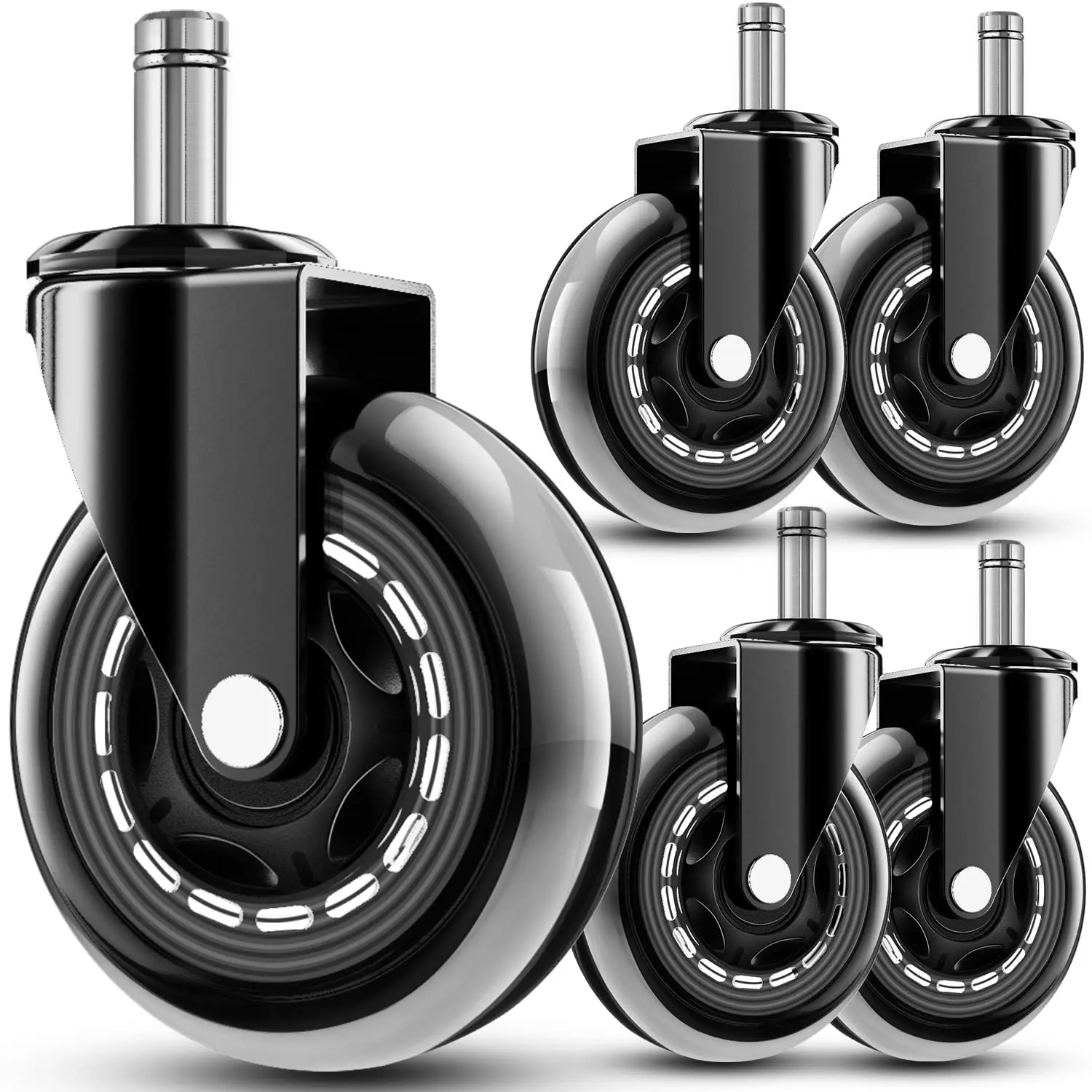 Office Chair Wheels Replacement Rubber Caster Set of 5 for Hardwood Floors & Carpet 3" Rollerblade Heavy Duty Casters Universal Fit Smooth Rolling Protect Flooring