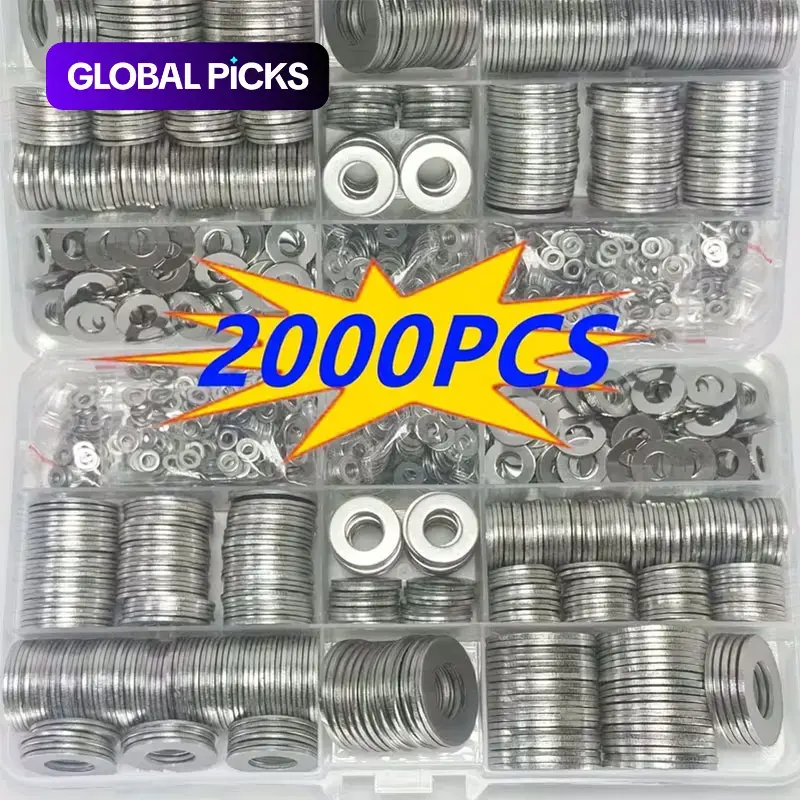 2000 pcs 304 Stainless Steel Flat Washer Assortment Kit, M2–M12 Metric Sizes (M2.5/M3/M4/M5/M6/M8/M10/M12), Durable Heavy-Duty Polished Washers for Home, Construction, Automotive and Marine Use, Corrosion-Resistant #GLOBAL PICKS
