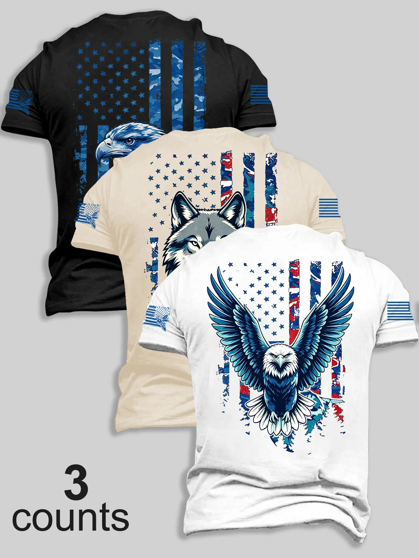 3 Pack Mens Crew Neck Short Sleeve Tees Distressed Camo American Flag Eagle Wolf Animal Back & Sleeve Multi Position Print Patriotic Retro Streetwear Tops For Daily Urban Casual Outdoor Outfit#PatrioticAnimalTees #DistressedFlagGraphicShirts