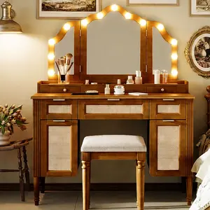 ARCH 44.37-Inch Makeup Vanity Desk Dressing Table with Tri-Fold Mirror, 13 Hollywood LED Bulbs, 3 Lighting Modes, 5 Drawers, Shelves, Charging Station, Espresso/Natural/White Color Options, MDF & Rubber Wood, for Bedroom, MDF/Rubber Wood/Tempered