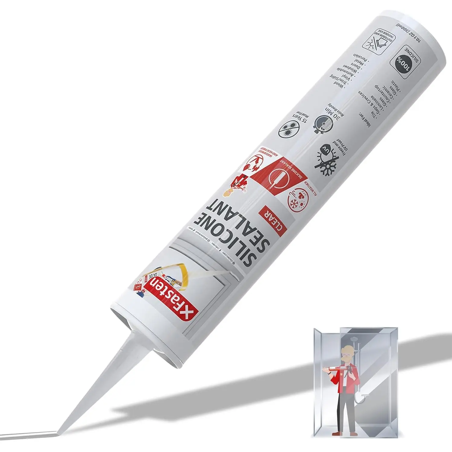 XFasten Clear Silicone Caulk Neutral Cure 10.1 oz – 100% Waterproof Silicone Sealant, Crack and Shrink Resistant, Low Odor, Strong Adhesion Caulking for Kitchen, Bath, Window, Shower, Outdoor Use
