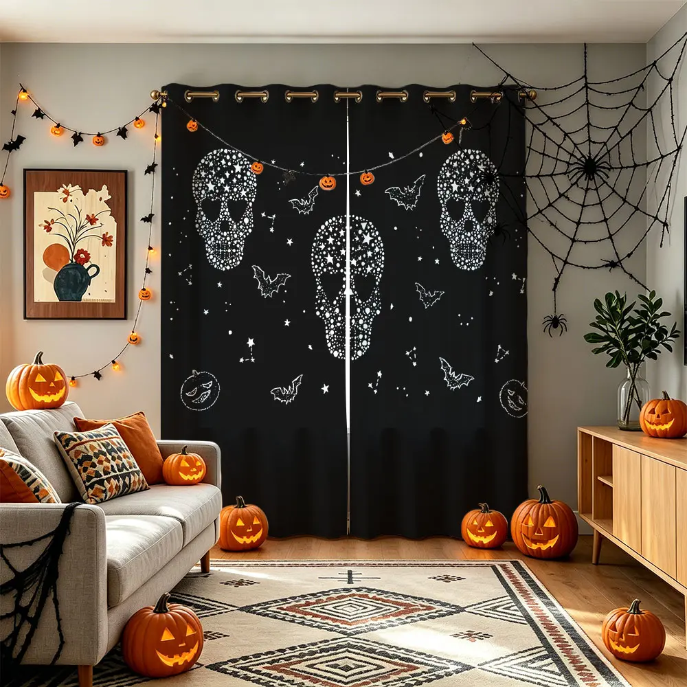 2 Panels Grommet Thermal Blackout Curtains, Simple Skull Star Halloween Window Drapes, Dark Gothic Bedroom Decor Light Filter Curtain