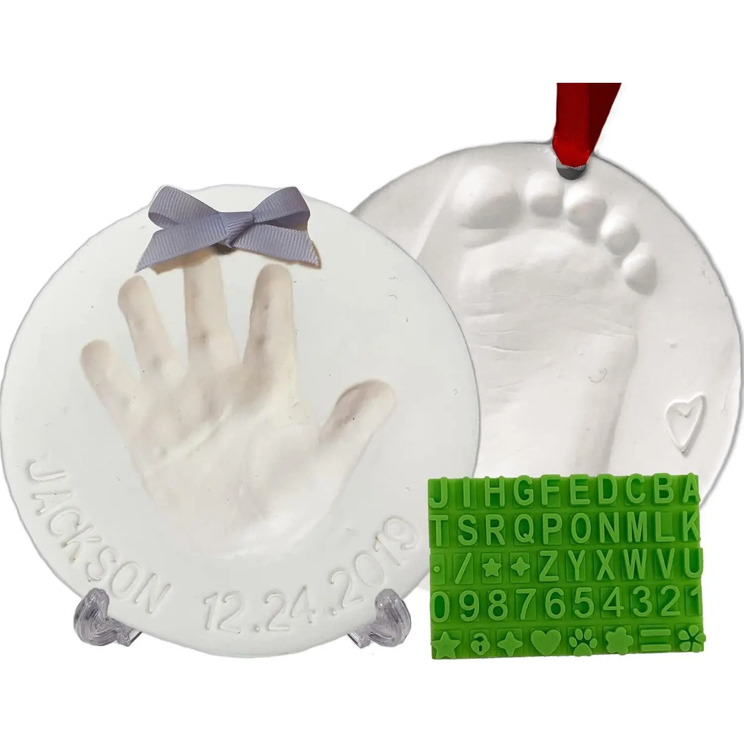 Baby Handprint Footprint Keepsake Ornament Kit (Makes 2) - Bonus Stencil for Personalized Christmas, Newborn, New Mom & Shower Gifts.2 Easels!Non-Toxic Clay, Air-Dries Light & Soft, Won't Crack.