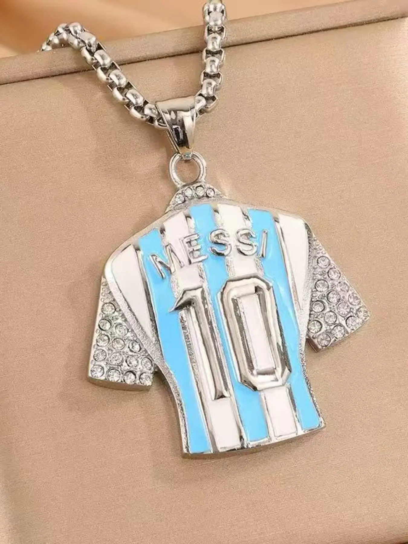 Messi Soccer Jersey Stainless Steel Necklace, Luxury Full Diamond Pendant, Fashionable Sports Style, Unisex, Perfect for Events, Bling Pendant