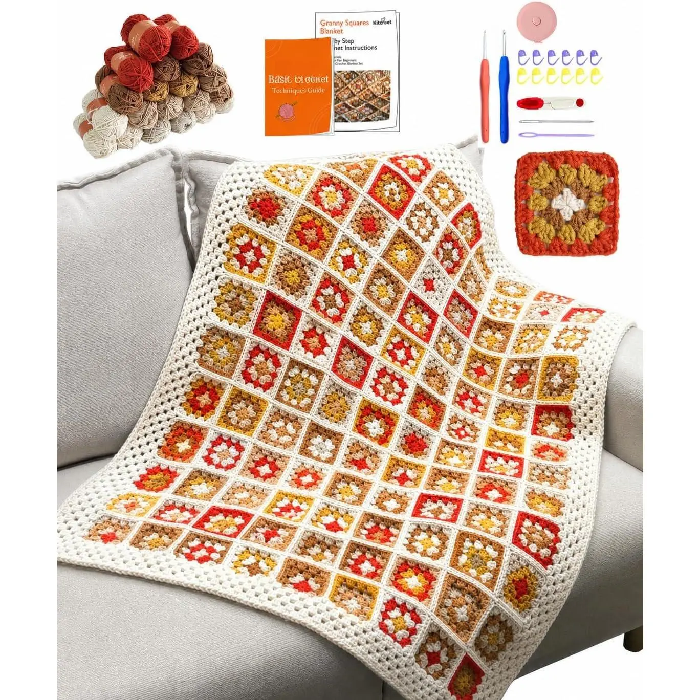 Granny Square Crochet Kit for Beginners, Complete Crochet Blanket Kit with 20 Skeins Yarn, Step-by-Step Video & Written Instructions, 34" x 45" Retro Blanket Starter Kit, Warm Retro Brown