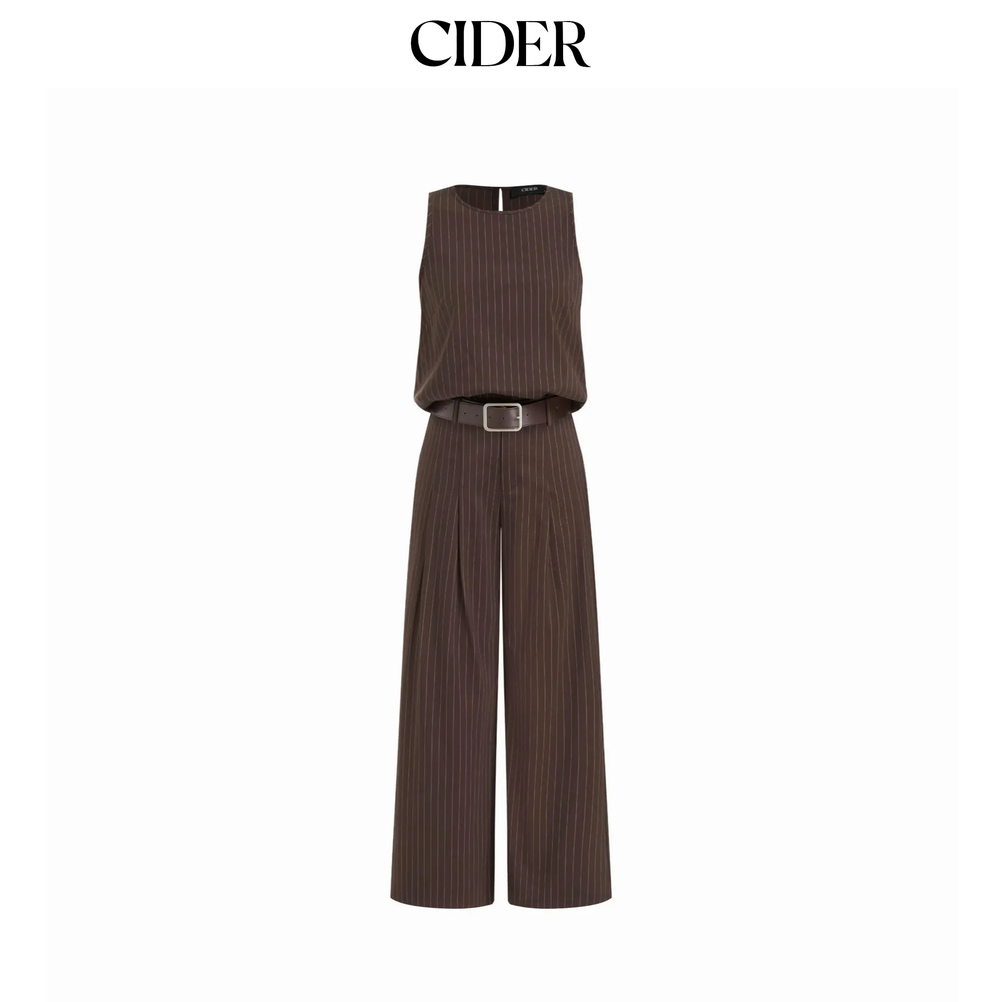 Cider Striped Sleeveless Top & Mid Rise Straight Leg Belted Trousers Set