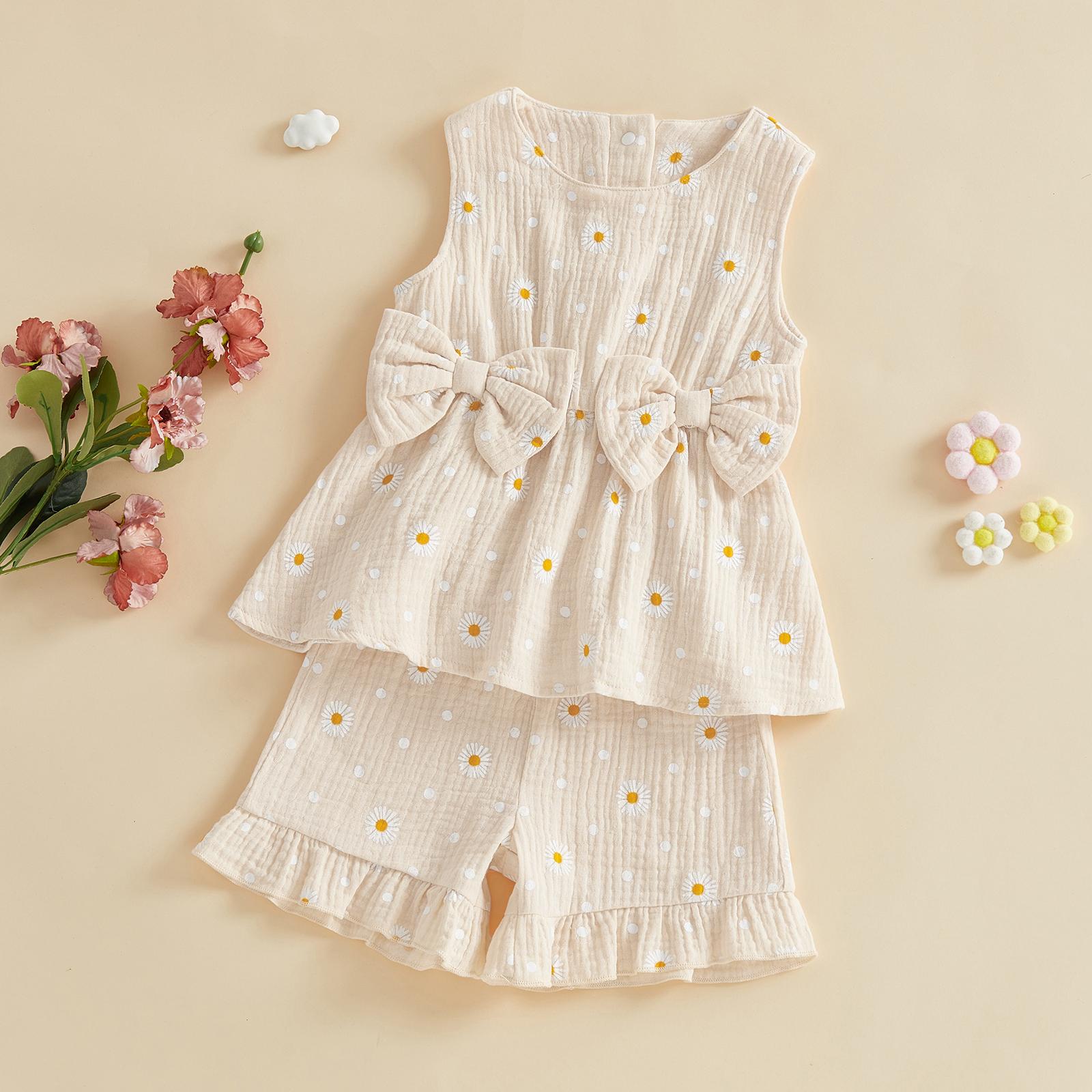 Toddler Baby Girl Outfit Summer Clothes Bow Print Bowknot Smocked Camisole Tank Top Ruffle Shorts Set