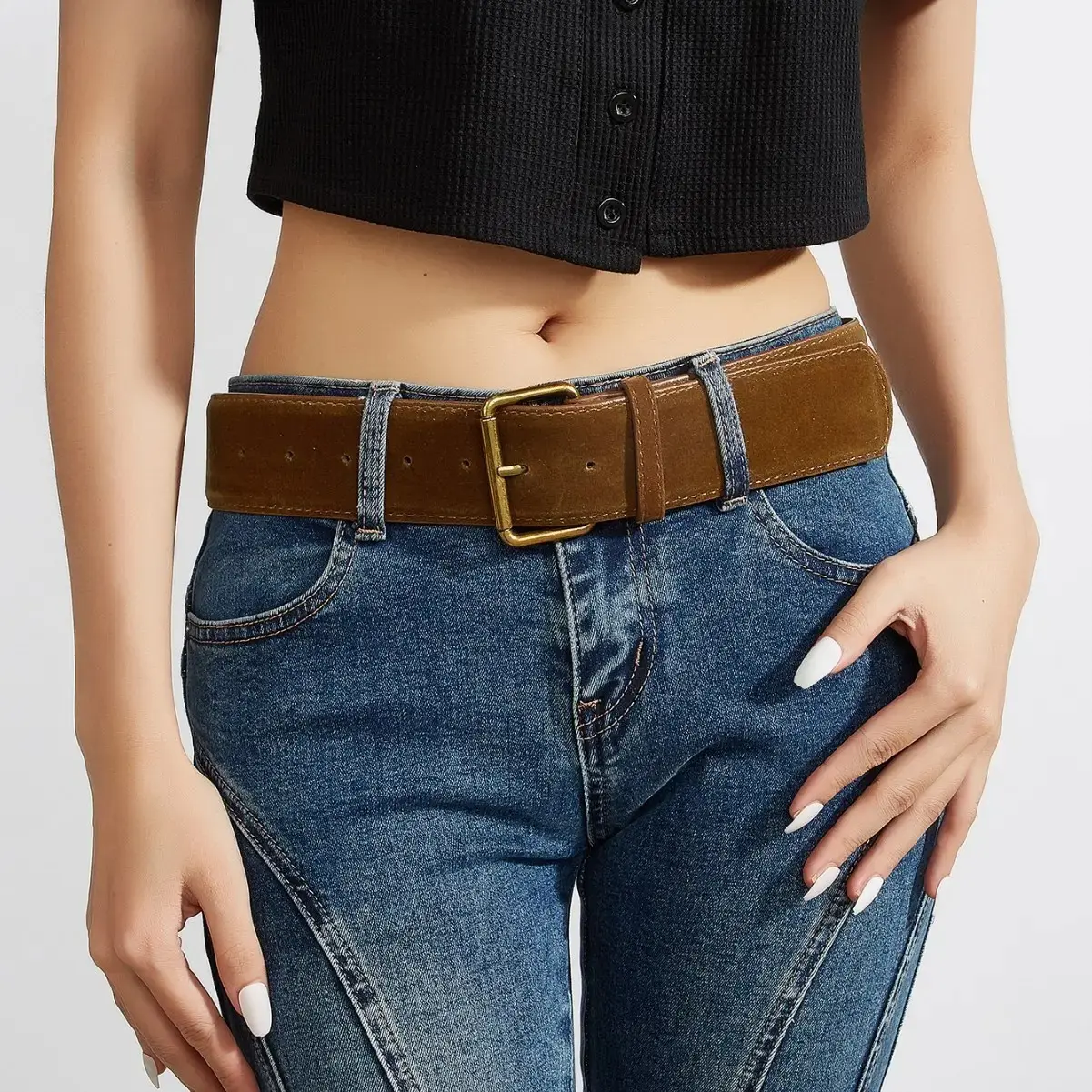 Wide Leather Belt for Women, Vintage Western Style Suede Buckle Belt with Gold Hardware, Y2K Fashion Waist Accessory for Jeans, Dresses, Casual Outfits, Everyday Wear & Trendy Street Style sohochic