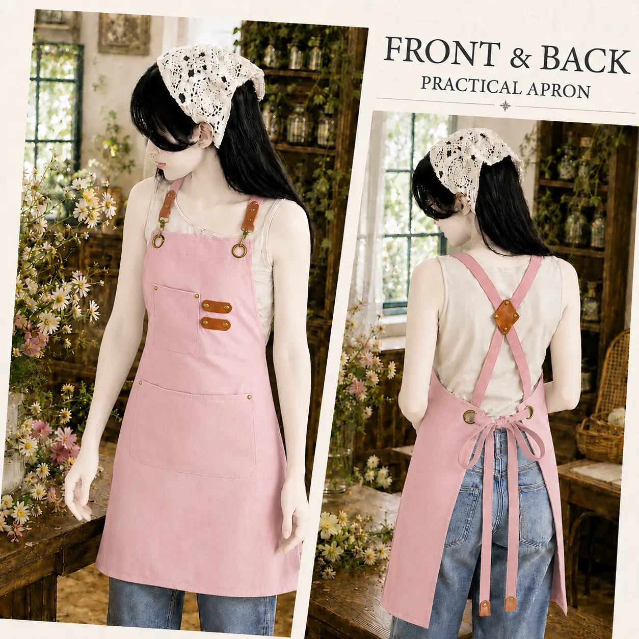 Florist Apron with Multiple Pockets, Adjustable Cross Back Canvas Work Apron for Women & Men, Flower Shop, Gardening, Crafting & Barista