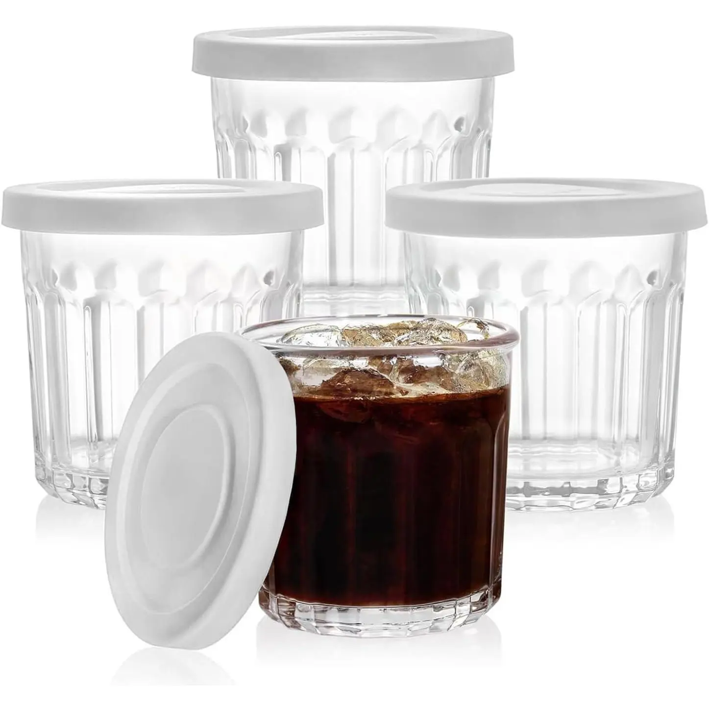 Working Glass Cups with Lids Set of 4,13.5oz Thick Drinking Glasses, Heavy Duty Glass Tumblers, Stackable Food Storage Jars,Clear Picardie Style Glassware