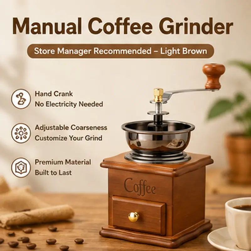 Retro Manual Coffee Grinder – Light Brown Wooden Hand-Cranked Burr Grinder with Adjustable Ceramic Burrs, Durable Cast Iron and Wood Body, Grinding Drawer, Vintage-Style Coffee Bean Grinder Suitable for French Press, Pour-Over, and Espresso