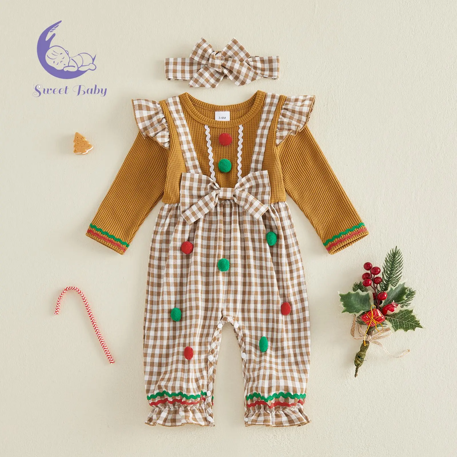 Infant Girl Christmas Outfit Ruffle Long Sleeve Fake Two-Piece Felt Balls Decor Romper and Plaid Headband Gingerbread Man Set
