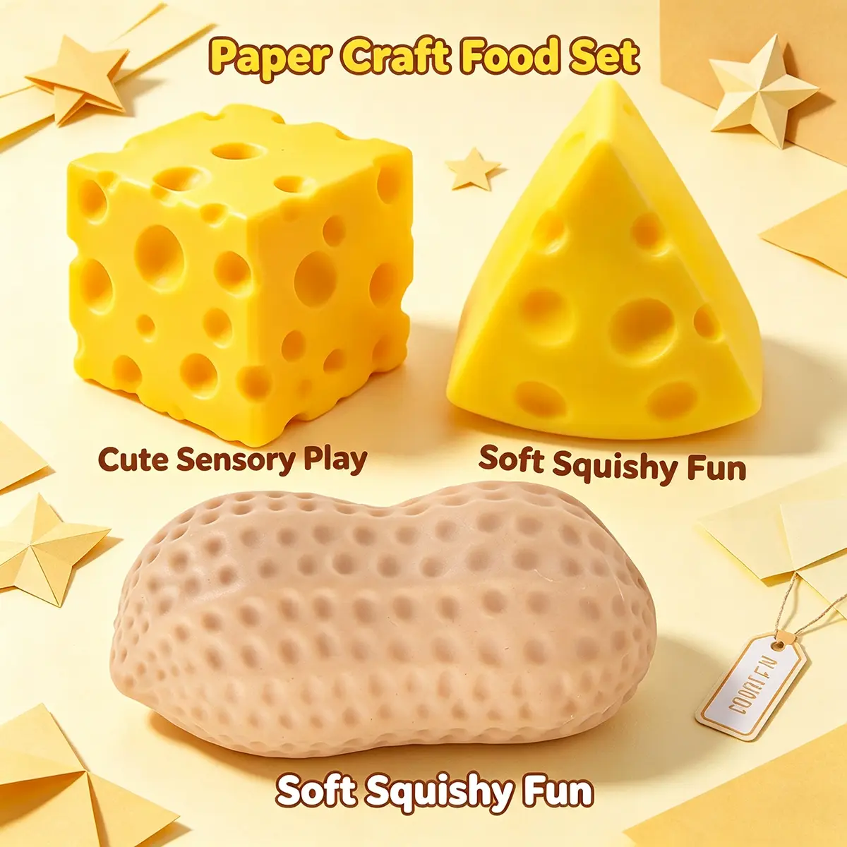 Soft Bouncy Food Shaped Decompression Squishy Toy Pack of 3 Realistic Cube Cheese, Triangle Cheese and Peanut Squeeze Fidgets, Comforting Sensory Pinch Toys That Ease Stress and Calm Nerves, Portable Cute Desk Relaxation Gift for Students and Office Staff