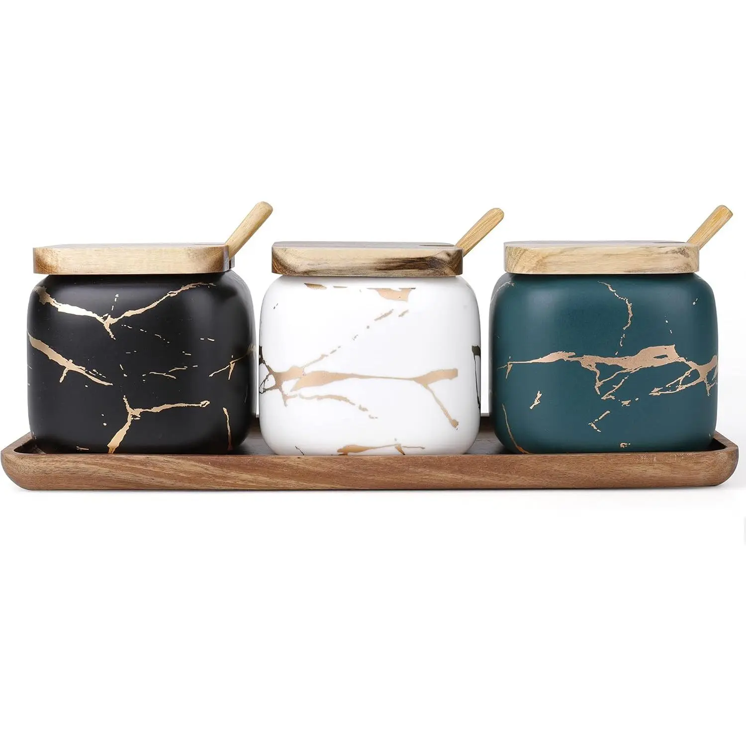 Durable 3-Pack Ceramic Salt & Sugar Containers with Spoons, Marble Seasoning Pots, Pepper Shaker, and Wooden Tray for Kitchen Counter Serving