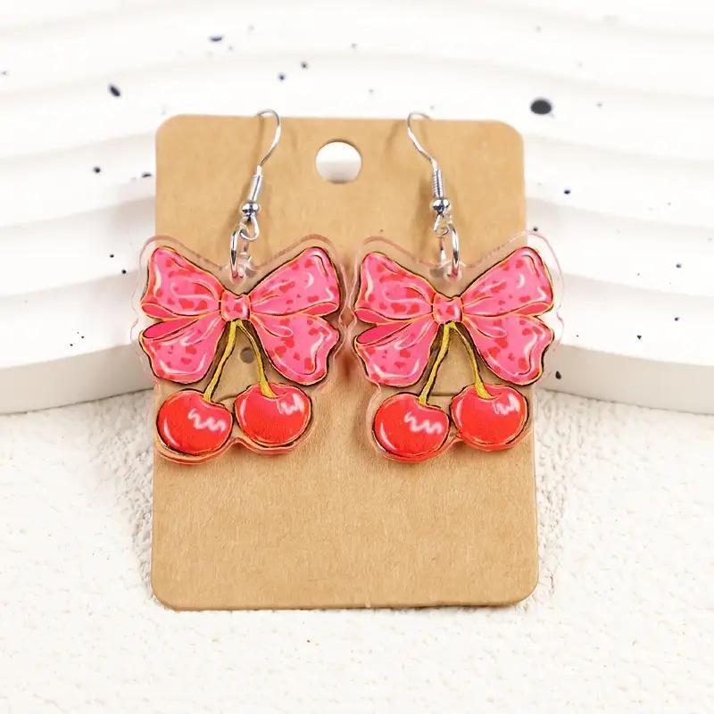New Cute Pink Bow Cherry 2D Flat Acrylic Versatile Sweet Earrings
