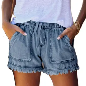 Women’s Washed Denim Shorts, Casual Drawstring Elastic Waist Frayed Hem Loose Short Jeans(Sheets)