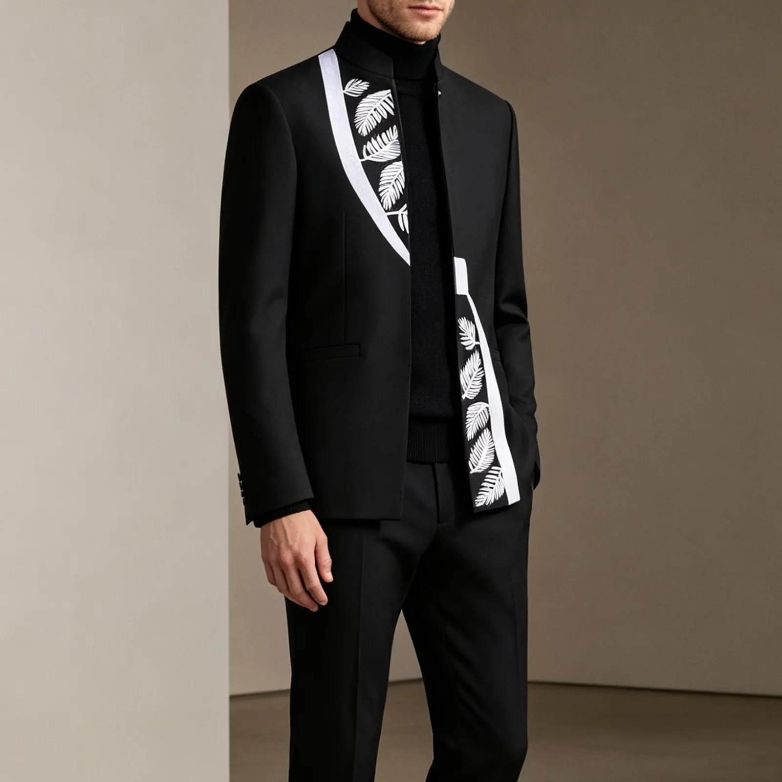 Men's 2-Piece Embroidered Stylish Suit Set - Mandarin Collar Blazer, Black Dress Pants, Free Black Bow Tie for Groomsman Events, Classic Elegant Fabric Formal