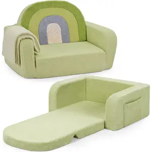 Kids Couch, 2-in-1 Soft Toddler Couch Fold Out with Blanket, Comfy Toddler Chair, Convertible Sofa, Gifts for Kids Girl Boys, Medium Green Rainbow