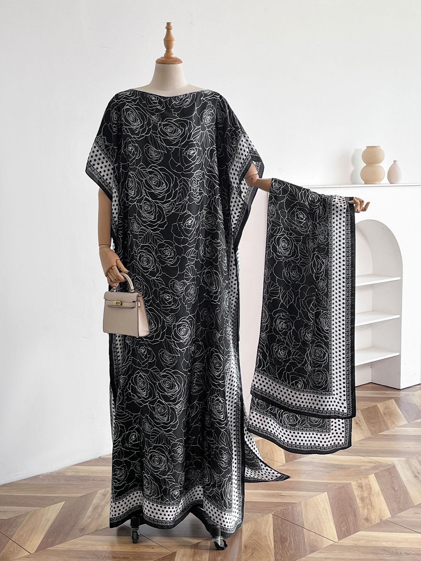 Women's Elegant Soft Cover Up Dress & Scarf Set, Casual Trendy Long Kaftan Dress & Scarf for All Seasons, Fashionable Accessories for Women