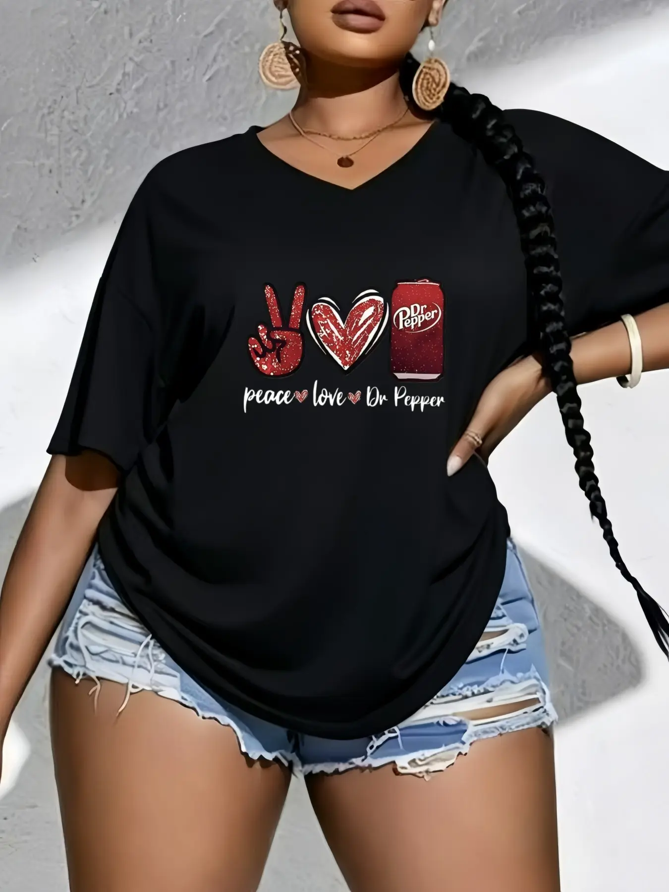 New Plus Size Coca-Cola Print T-Shirt, Summer Comfort Women's Top, Loose V-Neck, Short Sleeve, Casual Streetwear Style, Plant Pattern