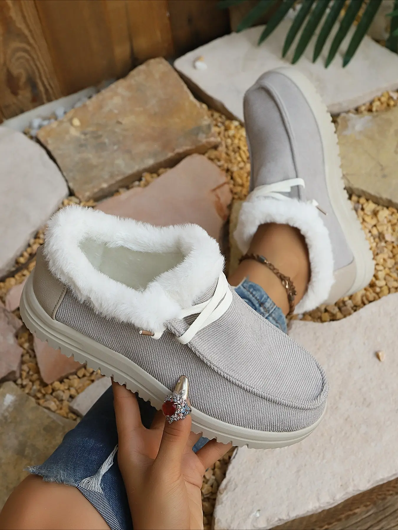 Fleece lined warm low-top winter shoes with fluffy cuff lace-up lightweight non-slip sole multi-color casual women warm footwear