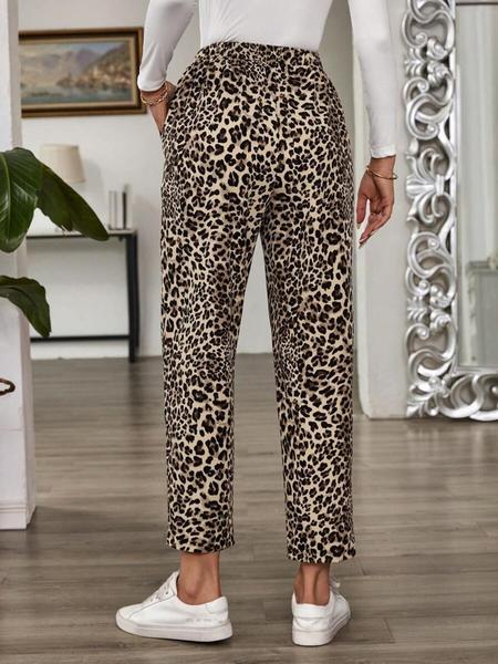 Women's leopard print trousers with pockets and laces straight-leg pants, suitable for women, fashionable and versatile, suitable for casual travel, daily wear, outdoor activities