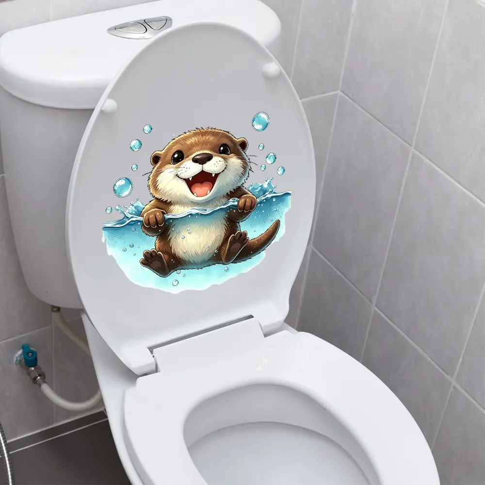 Animal Bubble Toilet Sticker, Summer Cool Penguin Seal Frog Otter Swimming Bathroom Decor, Toilet Lid Tank Sticker, Wall Home Decoration, Bathroom Decoration Accessories