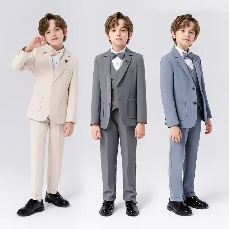 Boys' Gray Formal Six-Piece Suit with Bow Tie - Wedding Groomsman Outfit Boys, including jacket, vest, pants, white shirt, brooch, and bow tie-DMA