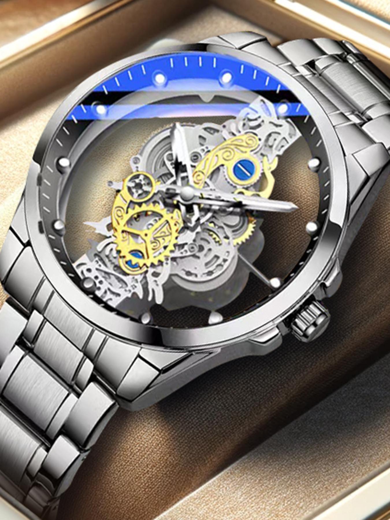 Men's Fashion Sporty Watch, Hollow out Design Round Dial Clasp Analog Quartz Watch, Elegant Business Wristwatch for Daily or Formal Occasions As Gift, with Box