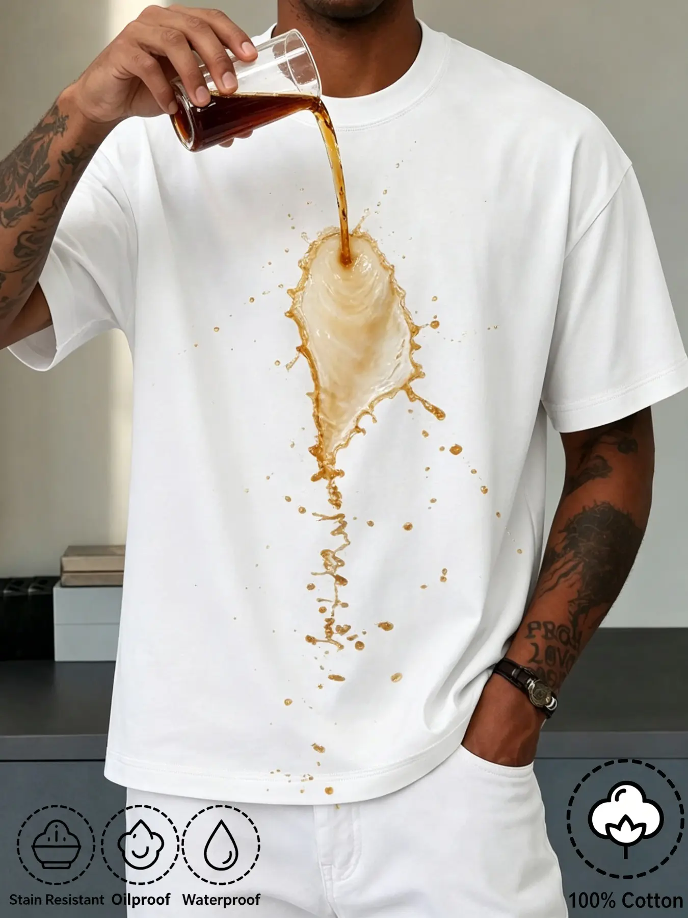 Men's 100% Cotton Waterproof Oil-Resistant Stain-Proof T-Shirt, Solid Round Neck Loose Fit Repellent Short Sleeve, Casual Streetwear Top, Menswear