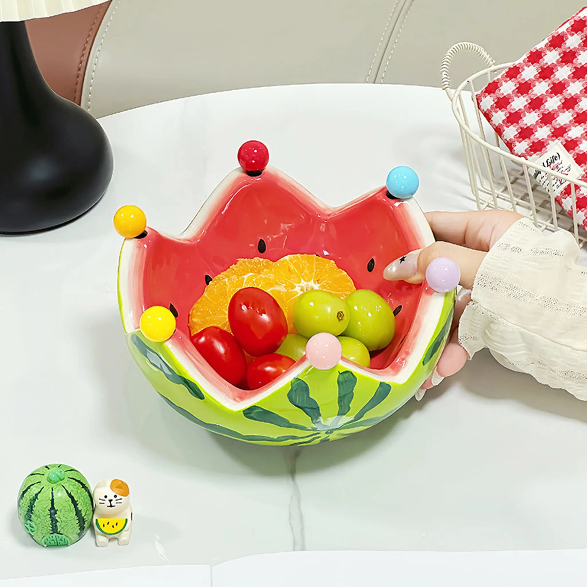 Ceramic Watermelon Bowl with Forks, 6 Fruit Forks Included, Summer Theme Parfait Dish, Reusable Sweet Treat Bowl, Ideal for Home & Gifts