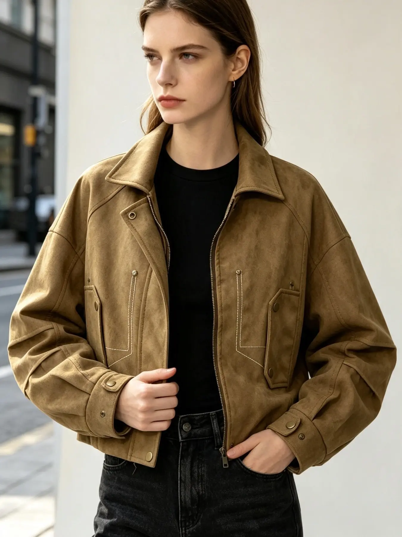 Vintage Suede Stand Collar Short Jacket Women, High-End Workwear Style, Metal Buttons, Loose Fit, Fall Outerwear, Medium Length, Long Sleeve
