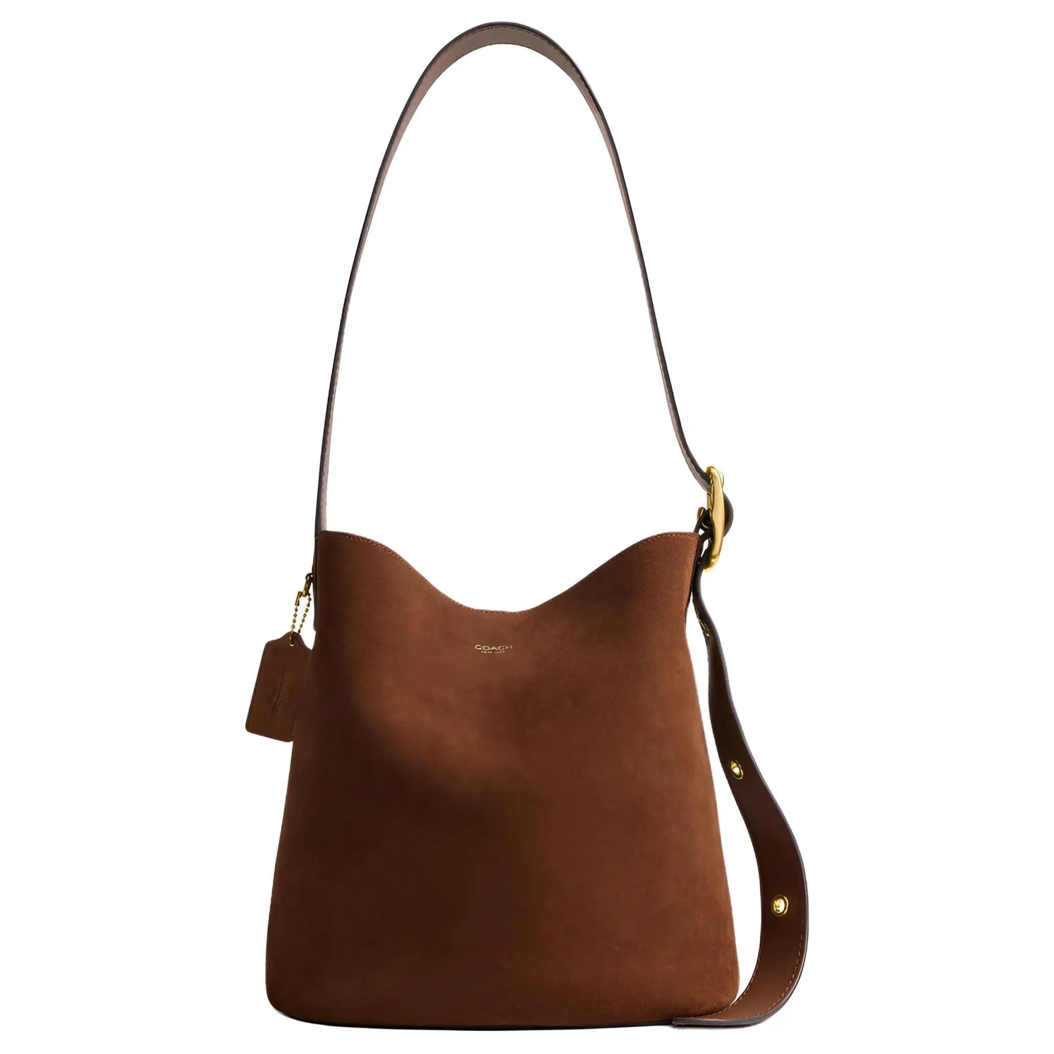Coach Bleecker 28 Leather Bucket Bag for Women – Warm Brown, Metallic Logo Hardware, Crossbody or Shoulder Style