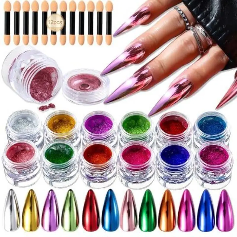 12 Colors Metallic Chrome Mirror Nail Powder Set, Multi-Functional Nail Flakes for Nail Art Decoration and Nail Designs, High-Quality Nail Supply Accessories