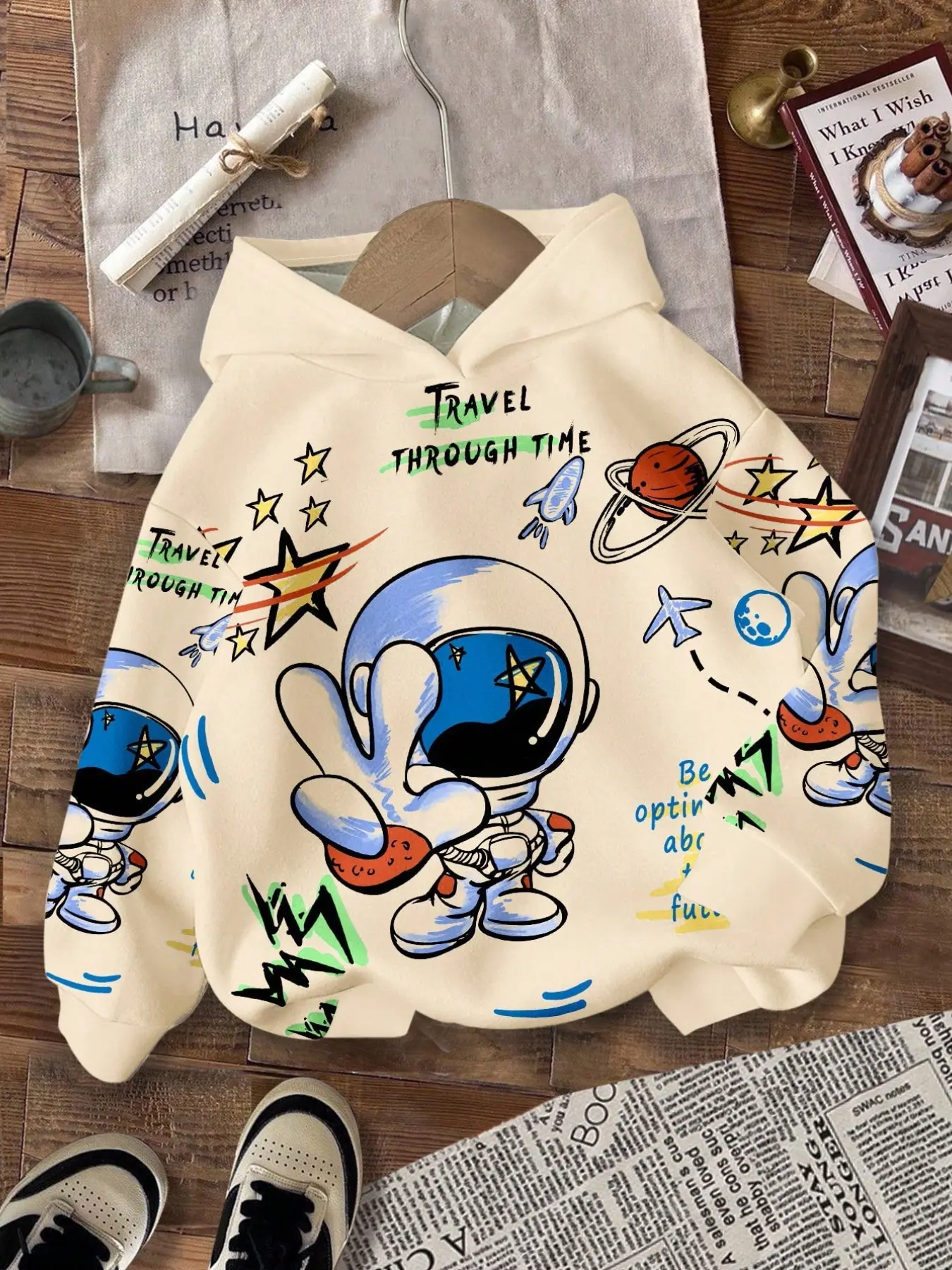 Cartoon Astronaut Hooded Pullover, Unisex Kids Winter Wear, Long Sleeve Loose Fit, All over Print, Three Color Options
