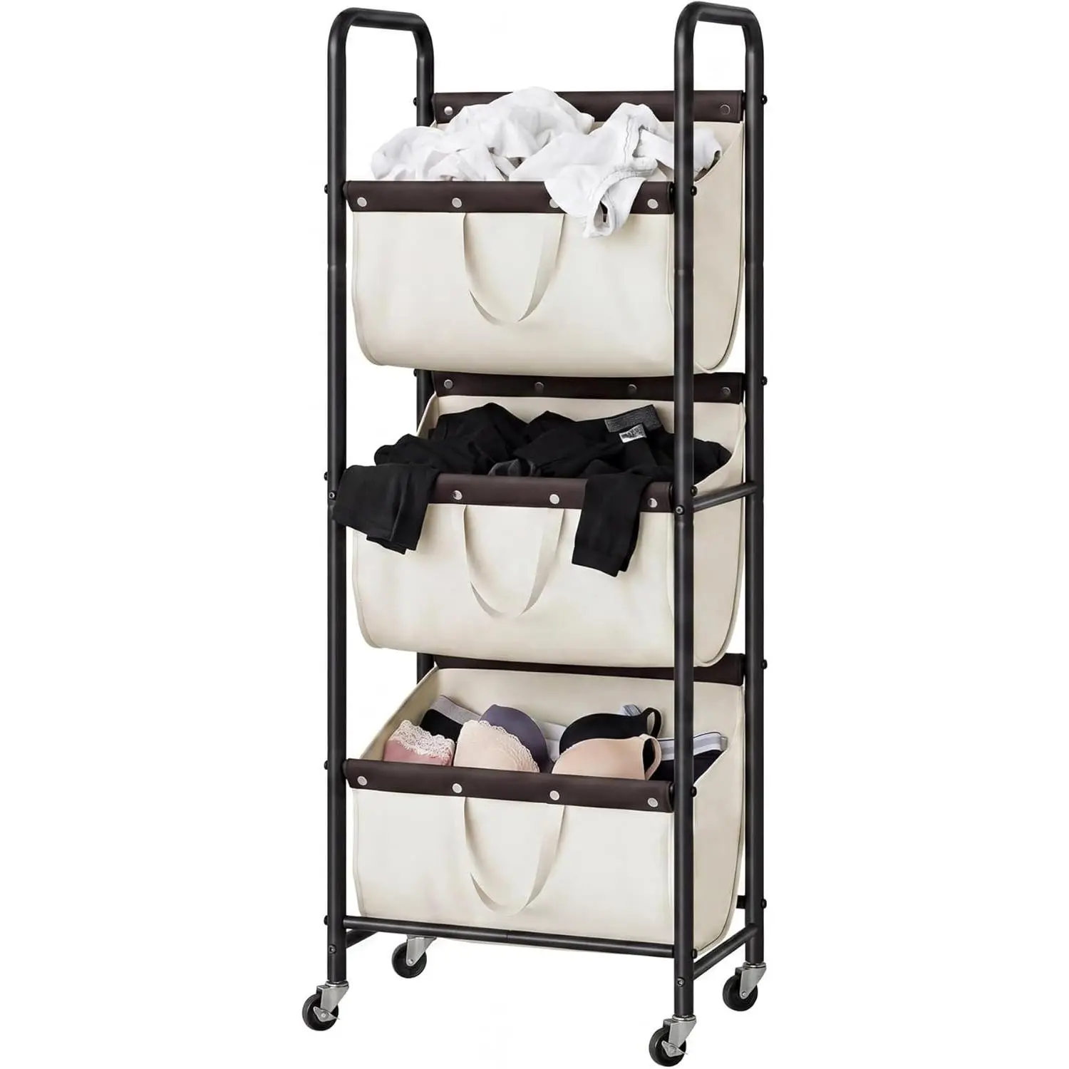 3 Section Tiered Laundry Sorter, Slim Vertical Laundry Hamper with Wheels, Narrow Rolling Laundry Cart with Removable Bags for Laundry Room, Bathroom, Closet, Dorm, Beige