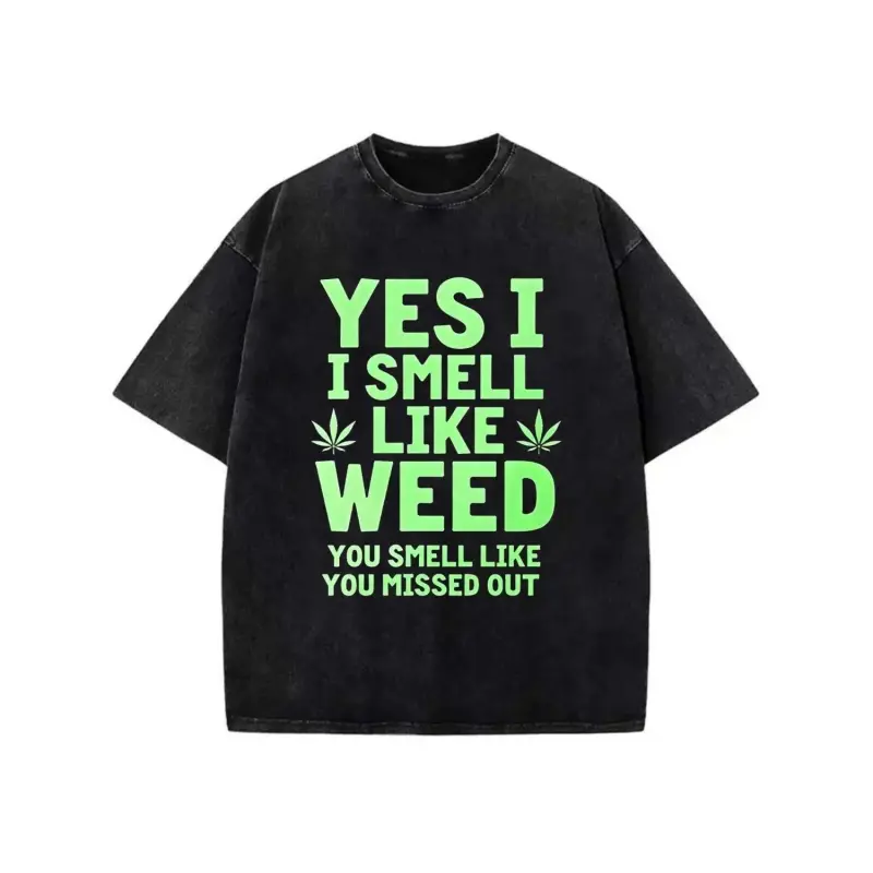 Cotton Yes I Smell Like Weed 21 Men's Graphic T-Shirt Black Neon Green Leaf Design Breathable Crew Neck Regular Fit Casual Short Sleeve Top for Summer Year Round Wear