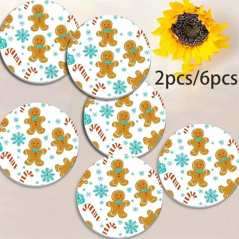 Christmas Gingerbread Man Round Silicone Coasters Heat Insulation Non Slip Drink Mats For Car Cup Holders Dining Table Coffee Tea Mugs Holiday Decor