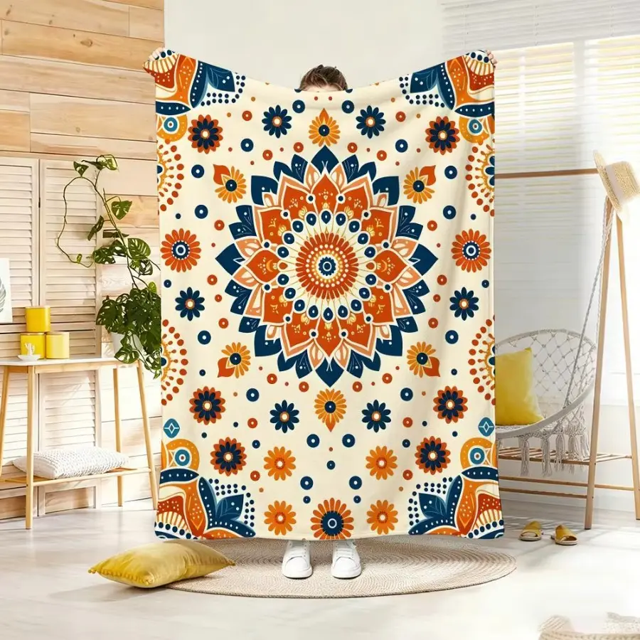 Bohemian Mandala Graphic Printed Fabric Throw Blanket, 240g Lightweight Soft Flannel Bed Blanket, Summer Cooling for Sofa Couch Decor, Home Gift, Graphic Blankets, Printed Fabric Blankets